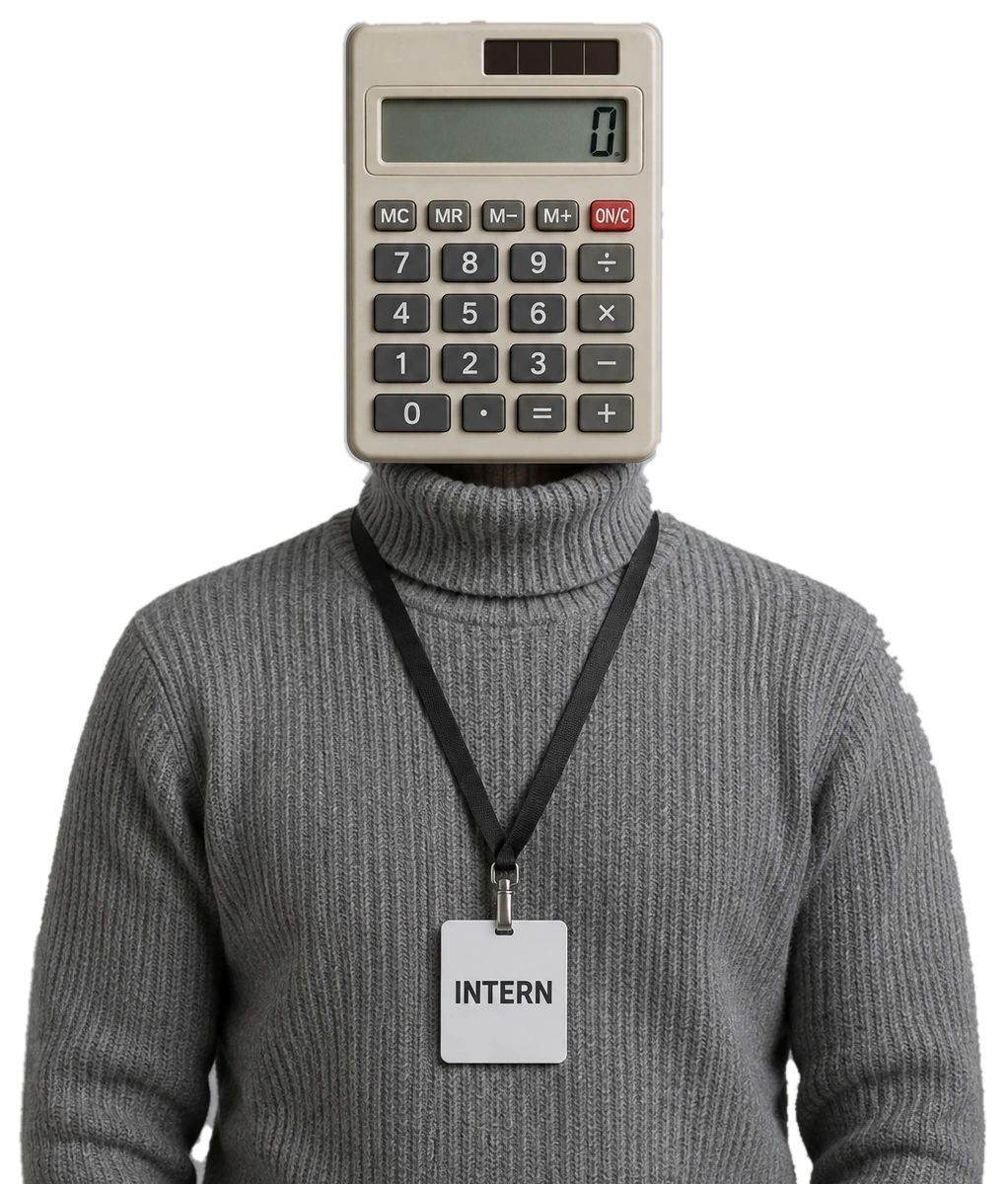 The intern. Grey turtleneck, lanyard, a pocket calculator where a head should be. Reads 0 when nobody is asking anything.